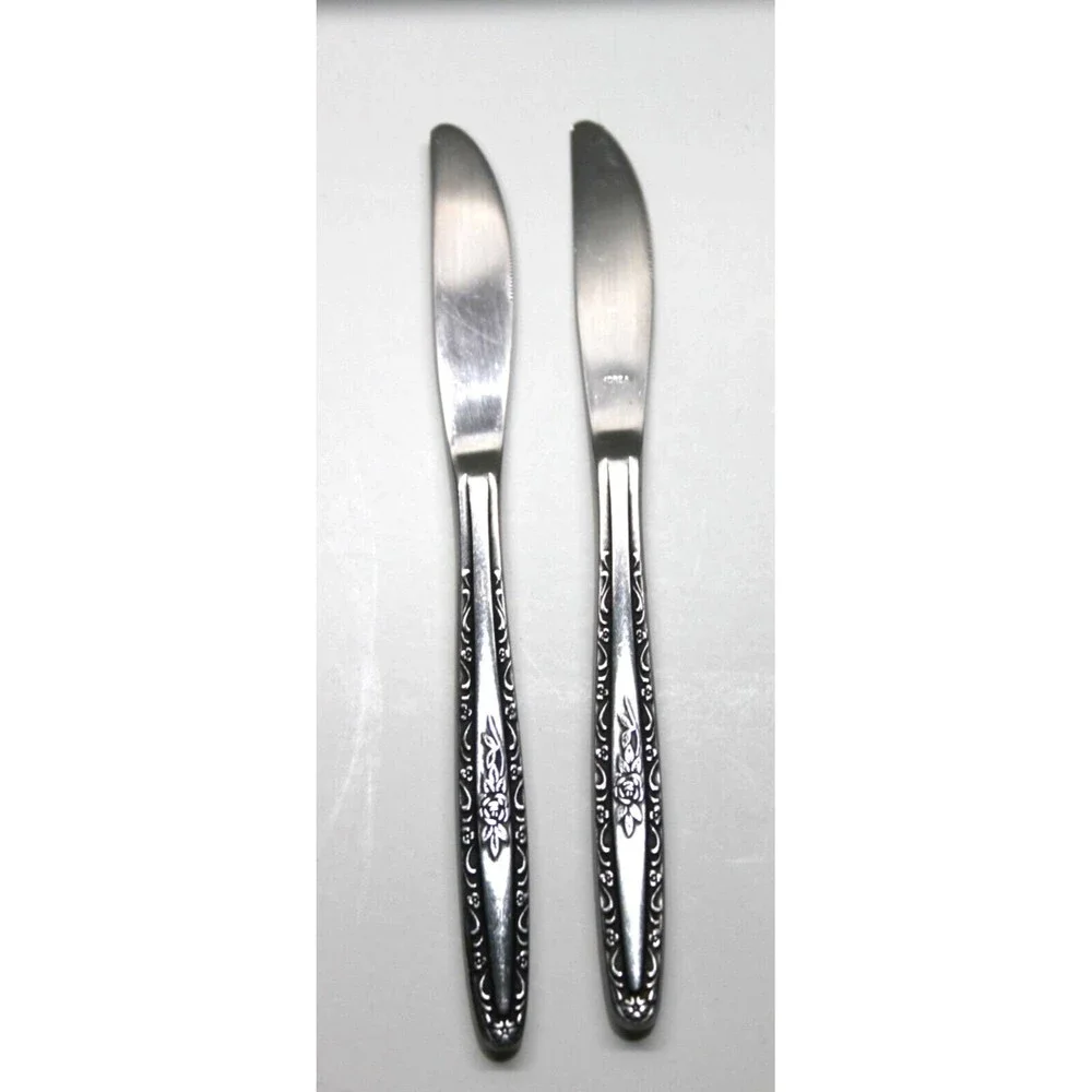 Interpur INR3 Single Rose Vine Pattern Dinner Knives Stainless Steel Korea Lot 2